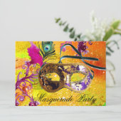 ゴールド パープル ダマスク フェザー マスク 仮面舞踏会 招待状 (スタンド正面)