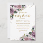 ゴールド パープル フラワーズ ウォーターカラー ベイビー シャワー 招待状 (正面)