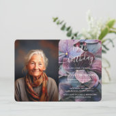 ゴールド パープル ブルー ハイドランジア 100歳の誕生日写真 招待状 (スタンド正面)