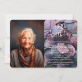 ゴールド パープル ブルー ハイドランジア 100歳の誕生日写真 招待状 (正面)