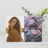 ゴールド パープル ブルー ハイドランジア 21歳の誕生日写真 招待状 (スタンド正面)