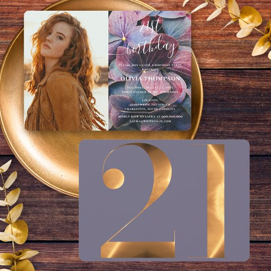 ゴールド パープル ブルー ハイドランジア 21歳の誕生日写真 招待状