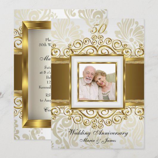 ゴールド&パール スワール ダマスク フォト 50周年記念 招待状 (正面/裏面)