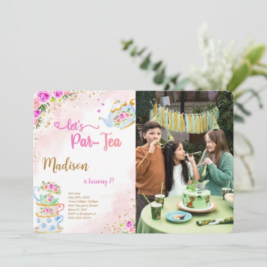 ゴールド＆ピンクのティーパーティー写真招待状 招待状 (スタンド正面)
