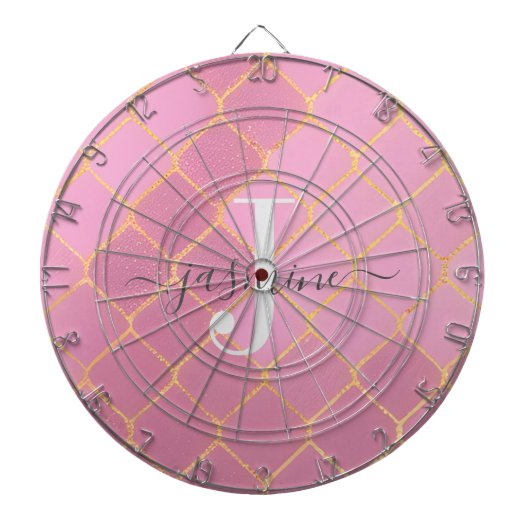 ゴールド＆ピンクの女の子っぽいグリッター モノグラム スクリプト ダーツボード (正面)