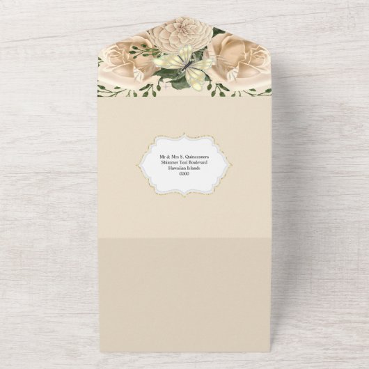 ゴールド ピンクの桃の蝶のスパークリングドレス 誕生日 オールインワン招待状 (外側)