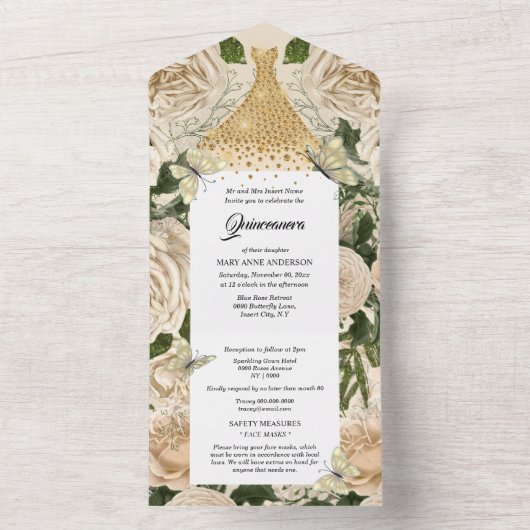 ゴールド ピンクの桃の蝶のスパークリングドレス 誕生日 オールインワン招待状 (内側)