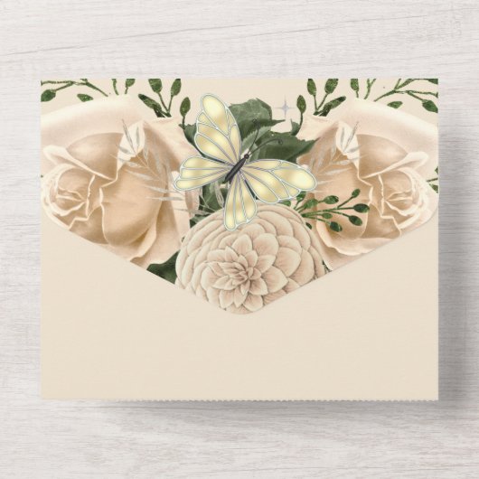 ゴールド ピンクの桃の蝶のスパークリングドレス 誕生日 オールインワン招待状 (裏面)