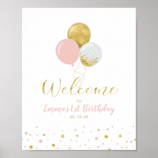 ゴールド＆ピンクの風船 | 女の子の1歳誕生日おめでとう ポスター (正面)