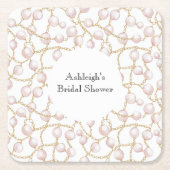 ゴールド ピンク グラム パール ブライダルシャワー スクエアペーパーコースター (正面)