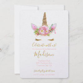 ゴールド ピンク フラワー ユニコーン 誕生日 招待状