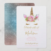 ゴールド ピンク フラワー ユニコーン 誕生日 招待状 (正面/裏面)