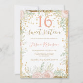 ゴールド ピンク 緑 花 水彩 Sweet 16 フォト 招待状 (正面)