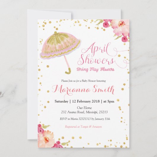 ゴールド ピンク 4月 シャワー 5月 花を咲かせ 招待状 (正面)