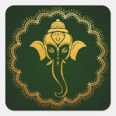 ゴールド フェスティブ ガネーシャ | インドの結婚式 緑 スクエアシール (正面)