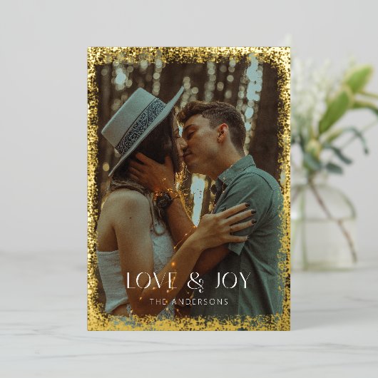 ゴールド・フォイル・キラキラと輝く愛と喜びのホリデー写真カード 箔シーズンカード (立ち正面)