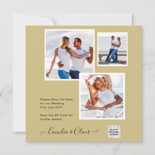 ゴールド フォト ウェディング インビテーション QR コード セーブ デート (正面)
