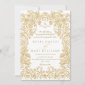 ゴールド フラワーズ ヴィンテージ エレガンス モノグラム ウェディング 招待状 (正面)