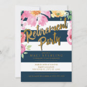 ゴールド、フラワープリント & ネイビー 退職パーティー招待状 招待状 (正面)