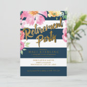 ゴールド、フラワープリント & ネイビー 退職パーティー招待状 招待状 (スタンド正面)