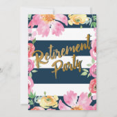 ゴールド、フラワープリント & ネイビー 退職パーティー招待状 招待状 (裏面)