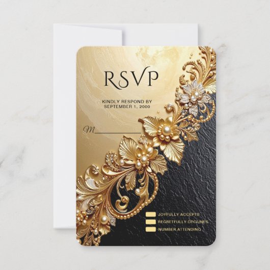 ゴールド フラワー エンブリッシュメント RSVP カード (正面)