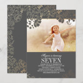 ゴールド フラワー ガール フォト 誕生日パーティー 招待状 (正面/裏面)