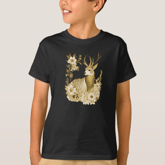 ゴールド フラワー トナカイ ホリデー Tシャツ (正面)