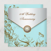 ゴールド フラワー パール ティール 50周年 結婚記念日 招待状 (正面/裏面)