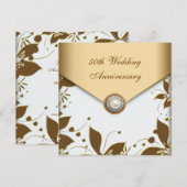 ゴールド フラワー パール ホワイト 50周年結婚記念日 招待状 (正面/裏面)