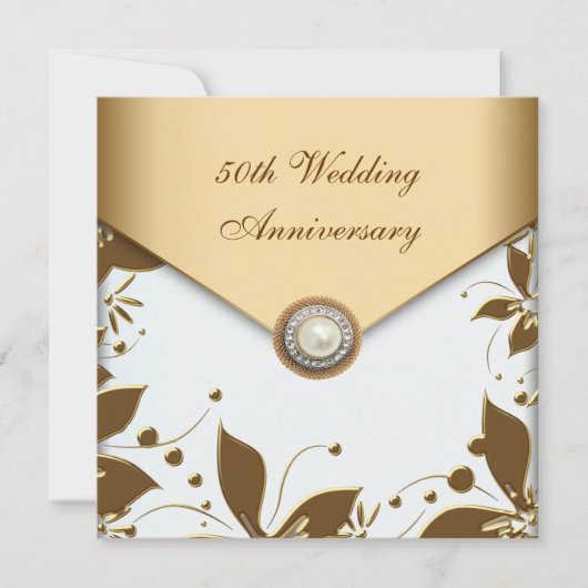 ゴールド フラワー パール ホワイト 50周年 結婚記念日 招待状 (正面)