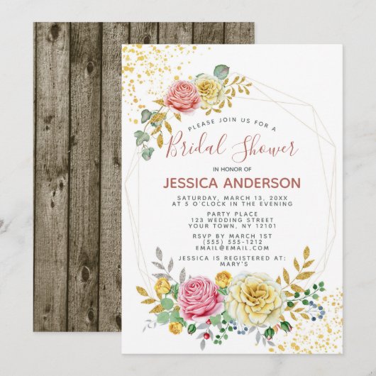ゴールド フラワー ブライダル シャワー 招待状 (正面/裏面)