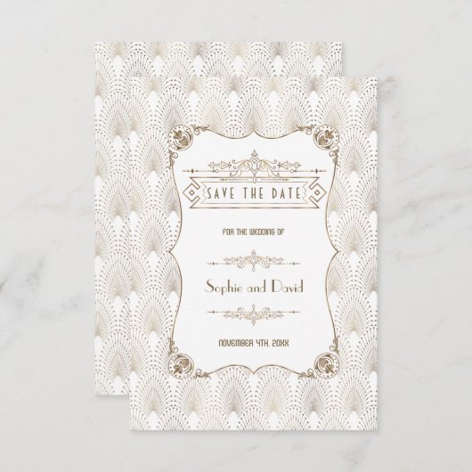ゴールド フルール・ド・リス グレートギャツビー 20年代スタイルのウェディング セーブザデート (正面/裏面)