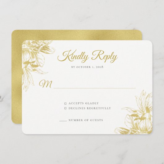 ゴールド フローラル エレガント ウェディング 返信カード 招待状 (正面/裏面)