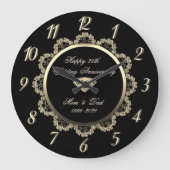 ゴールド フローラル スワール ブラック 25周年 記念日 ラージ壁時計 (正面)