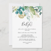 ゴールド フローラル トロピカル BabyQ ベビーシャワー バーベキュー 招待状 (正面)