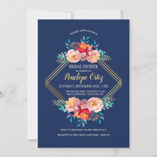 ゴールド フローラル フレーム 招待状 (正面)