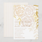 ゴールド フローラル ブルーム ベビー シャワー 招待状 (正面/裏面)
