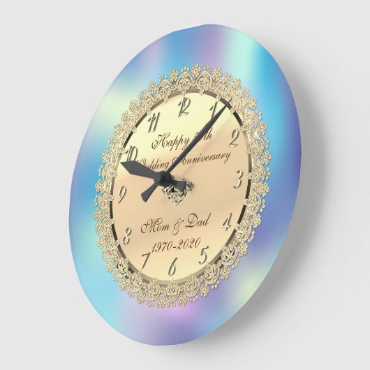ゴールド フローラル ホログラフィック 50周年 結婚記念日 ラージ壁時計 (傾斜)