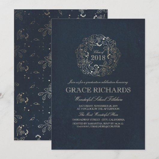 ゴールド フローラル モノグラム ヴィンテージ ネイビー 卒業パーティー 招待状 (正面/裏面)