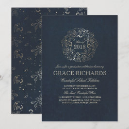 ゴールド フローラル モノグラム ヴィンテージ ネイビー 卒業パーティー 招待状