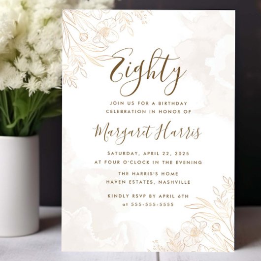 ゴールド フローラル リーフ ボーダー 80歳 八十誕生日 招待状