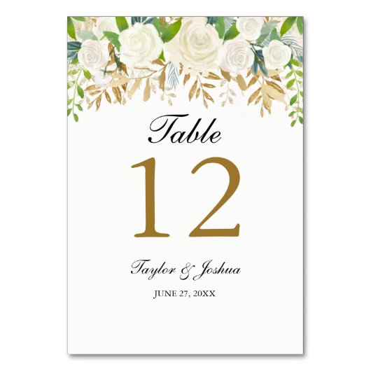 ゴールド フローラル リーフ 水彩 結婚 テーブル カード (正面)