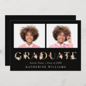 ゴールド フローラル レター 卒業パーティー フォト 招待状 (正面/裏面)