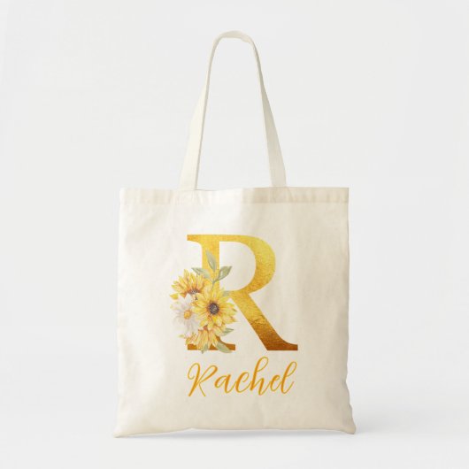 ゴールド フローラル レター R モノグラム ウェディング フェイバー トートバッグ (正面)