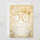 ゴールド フローラル 50歳の誕生日 グラム ライト 招待状 (正面)