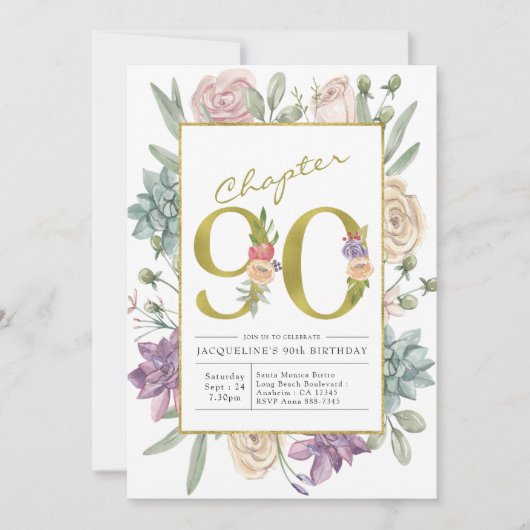 ゴールド フローラル 90歳の誕生日 招待状 (正面)