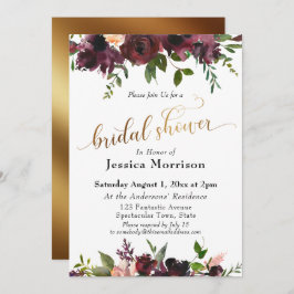 ゴールド ブライダル シャワー バーガンディ ウォーターカラー フラワー 招待状