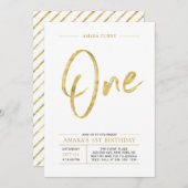 ゴールド | ブラシレタリング ワン 1歳の誕生日パーティー 招待状 (正面/裏面)