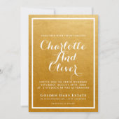 ゴールド ブラシ メタリック スクリプト ウェディング 招待状 (正面)